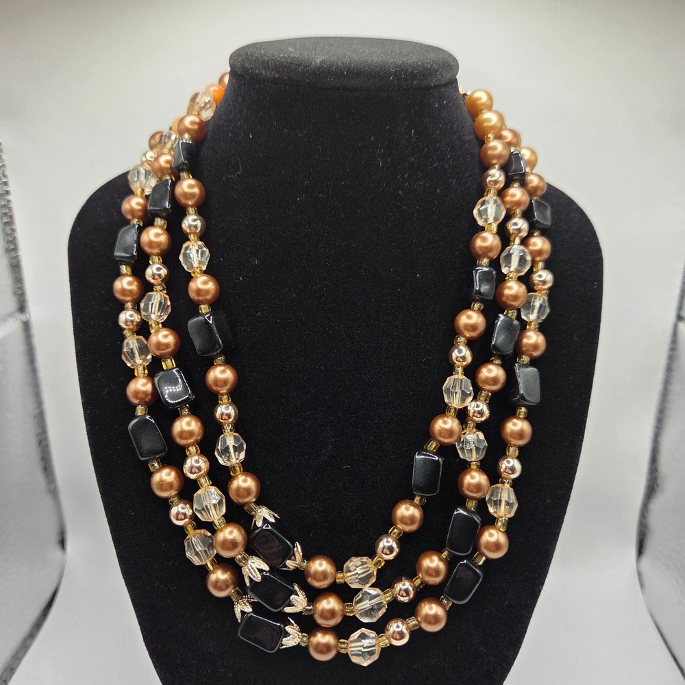 Vintage Japan Triple Strand Black Gold Faux Pearl Beaded Necklace 16"
